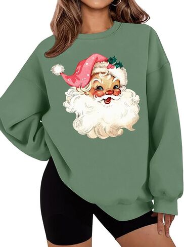 LETSEE بلوزات عيد الميلاد للنساء سانتا كلوز الجرافيك Crewneck المتضخم كنزة صوفية عيد الميلاد عطلة in Saudi Arabia
