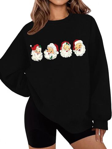 LETSEE بلوزات عيد الميلاد للنساء سانتا كلوز الجرافيك Crewneck المتضخم كنزة صوفية عيد الميلاد عطلة in Saudi Arabia