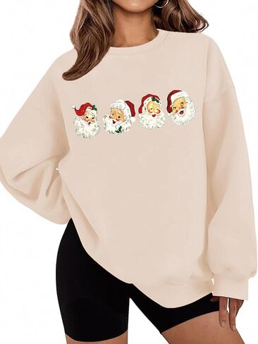 LETSEE بلوزات عيد الميلاد للنساء سانتا كلوز الجرافيك Crewneck المتضخم كنزة صوفية عيد الميلاد عطلة in Saudi Arabia