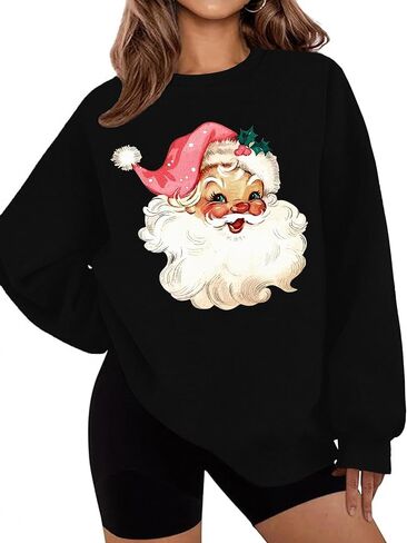 LETSEE بلوزات عيد الميلاد للنساء سانتا كلوز الجرافيك Crewneck المتضخم كنزة صوفية عيد الميلاد عطلة in Saudi Arabia