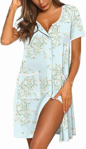 Ekouaer Nightgowns for Women Bamboo Viscose House Dress with Pockets Button Down Sleep Shirt Short Sleeve Nightshirts,Green Floral,Large in Saudi Arabia