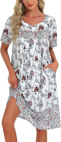 ثوب نوم نسائي برقبة على شكل حرف V وأكمام قصيرة ومتوسط ​​الطول مع جيوب فستان نوم مريح غير رسمي in Kuwait