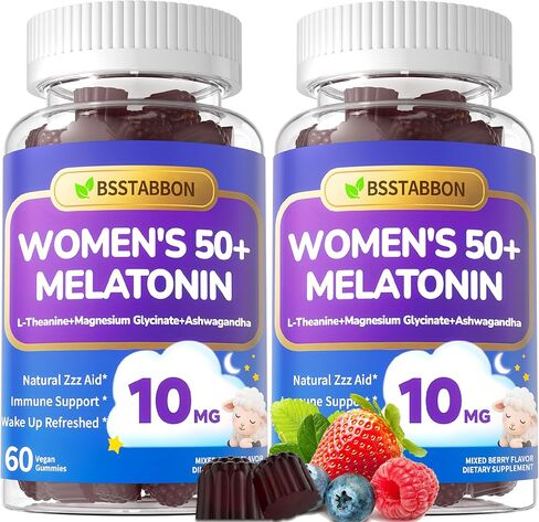 حلوى الميلاتونين 10 ملغ للنساء فوق سن 50: أقصى قوة بالإضافة إلى المغنيسيوم أشواغاندا إلدربيري إل-ثيانين، بابونج، لافندر، فيتامينات D3 لـ Zzz - تشكيل غير معتاد للنساء 50+ (120 قطعة) in Kuwait