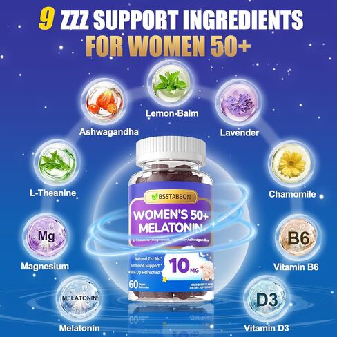 حلوى الميلاتونين 10 ملغ للنساء فوق سن 50: أقصى قوة بالإضافة إلى المغنيسيوم أشواغاندا إلدربيري إل-ثيانين، بابونج، لافندر، فيتامينات D3 لـ Zzz - تشكيل غير معتاد للنساء 50+ (120 قطعة) in Kuwait