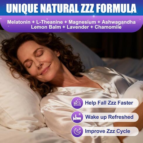 حلوى الميلاتونين 10 ملغ للنساء فوق سن 50: أقصى قوة بالإضافة إلى المغنيسيوم أشواغاندا إلدربيري إل-ثيانين، بابونج، لافندر، فيتامينات D3 لـ Zzz - تشكيل غير معتاد للنساء 50+ (120 قطعة) in Kuwait