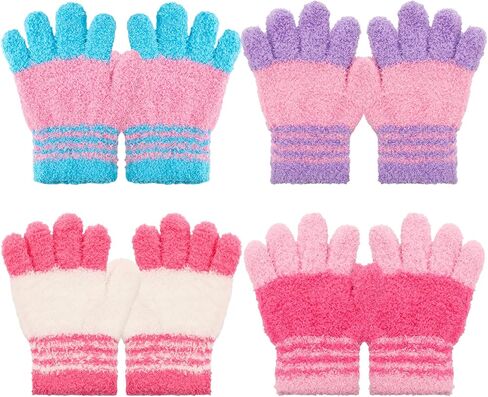 4 Pairs Kids Winter Knit Gloves Stretchy Full Finger Fluffy Mittens for Toddler Boys Girls 1-11 Years in Saudi Arabia