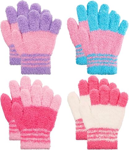 4 Pairs Kids Winter Knit Gloves Stretchy Full Finger Fluffy Mittens for Toddler Boys Girls 1-11 Years in Saudi Arabia