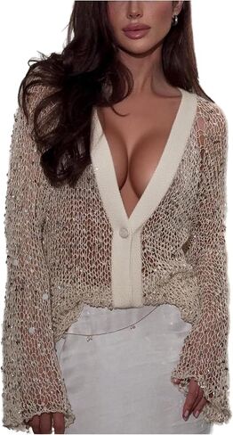 SHENHE Women's Sequin Crochet Cardigan Button Up Hollow Out Sheer Sparkly Cardigan Sweater in Saudi Arabia