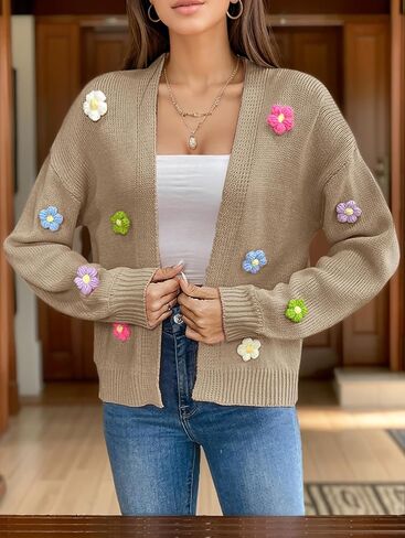 Cardigan Sweaters for Women, 3D Floral Embroidery Knit Cardigan Y2K Open Front Lightweight Sweater in Saudi Arabia