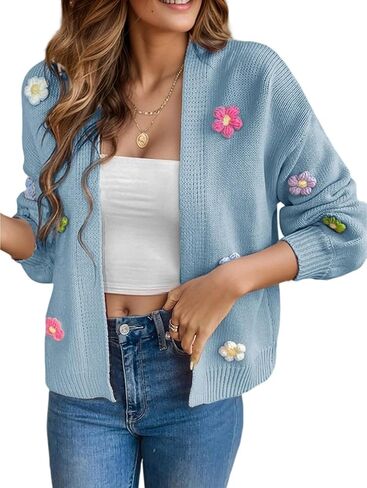 Cardigan Sweaters for Women, 3D Floral Embroidery Knit Cardigan Y2K Open Front Lightweight Sweater in Saudi Arabia