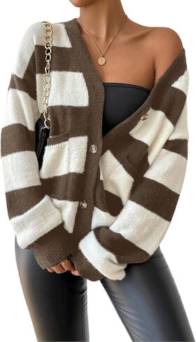 Button Up Cardigans for Women Chunky Knit Striped Long Sleeve Cardigan with Pockets Dressy Casual in Saudi Arabia