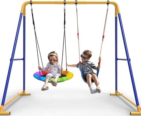 Swing Sets for Backyard, Toddler Swing Set with 2 Seat 1 Saucer & 1 Belt Seat, 440lbs Heavy-Duty Swing Frame w/8 Ground Stakes, A Frame Outdoor Swingset for Kids and Adults for Backyard in Saudi Arabia