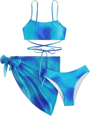 Women's Sexy 3 Pcs Swimsuit Spaghetti Strap Tie Dye Cover Up Swimwear in Saudi Arabia