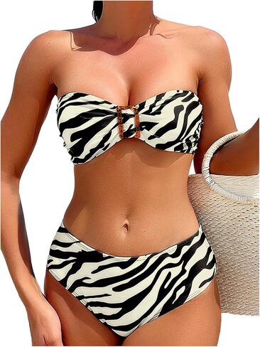 Milumia Women's Sexy Zebra Print Bandeau Bikini Set Mental Strapless High Waisted 2 Piece Swimsuits in Saudi Arabia