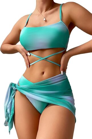 Women's Sexy 3 Pcs Swimsuit Spaghetti Strap Tie Dye Cover Up Swimwear in Saudi Arabia