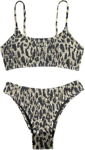 GORGLITTER Women's 2 Piece Bathing Suits Cheetah Smocked Bikini Top and High Cut Thong Cheeky Brazilian Bikini Set Swimsuit in Saudi Arabia