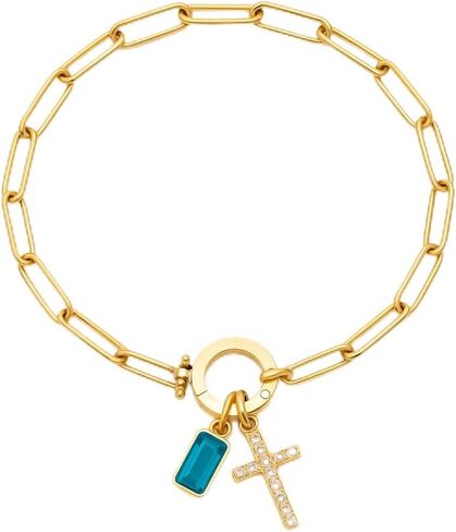 Cross Birthstone Bracelet, Dainty 14K Gold Plated Cross Charm Bracelet for Women, Paperclip Chain Stackable Trendy Bracelet Gift, Jewelry Gifts for Women, Gift for Daughter or Mom in Saudi Arabia