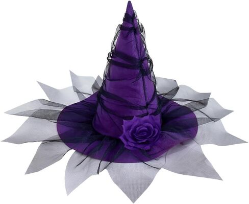 Halloween Witch Hat, Ruched Witches Hats for Women with Veil and Rose Wizard Hats Halloween Costume Accessories in Saudi Arabia