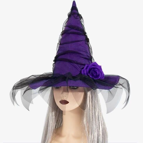 Halloween Witch Hat, Ruched Witches Hats for Women with Veil and Rose Wizard Hats Halloween Costume Accessories in Saudi Arabia