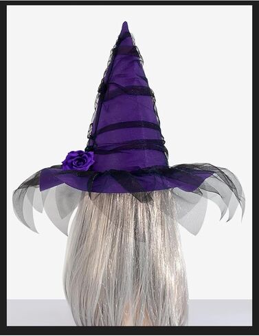 Halloween Witch Hat, Ruched Witches Hats for Women with Veil and Rose Wizard Hats Halloween Costume Accessories in Saudi Arabia