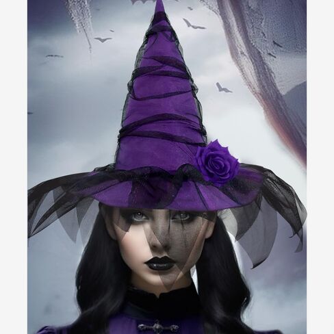 Halloween Witch Hat, Ruched Witches Hats for Women with Veil and Rose Wizard Hats Halloween Costume Accessories in Saudi Arabia