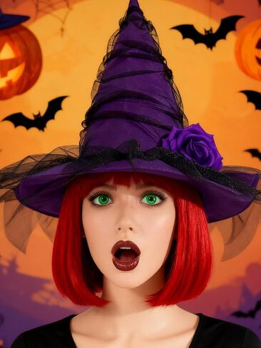 Halloween Witch Hat, Ruched Witches Hats for Women with Veil and Rose Wizard Hats Halloween Costume Accessories in Saudi Arabia
