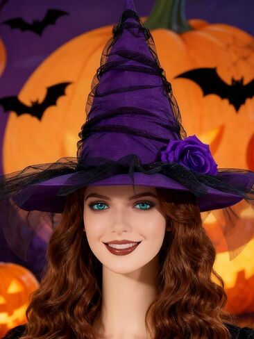 Halloween Witch Hat, Ruched Witches Hats for Women with Veil and Rose Wizard Hats Halloween Costume Accessories in Saudi Arabia