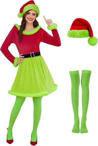 3 PCS Women Green Monster Christmas Costume Long Sleeve Fuzzy Trim Santa Dress Set with Hat & Stocking S-XXL in Saudi Arabia