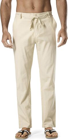 Men's Drawstring Linen Pant Elastic Waist Relaxed-Fit Casual Beach Trousers in Kuwait