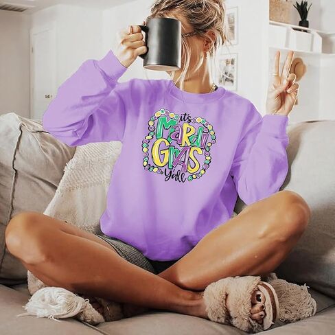سويت شيرت نسائي من Mardi Gras It's Mardi Gras Y'all كرنفال بلوفر علوي من الدهون الثلاثاء قميص غير رسمي بأكمام طويلة in Saudi Arabia