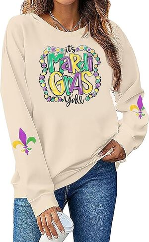 سويت شيرت نسائي من Mardi Gras It's Mardi Gras Y'all كرنفال بلوفر علوي من الدهون الثلاثاء قميص غير رسمي بأكمام طويلة in Saudi Arabia