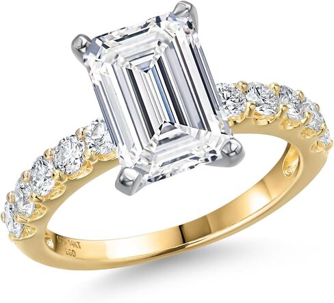 خاتم خطوبة من الألماس من Gem Stone King من 1.45 إلى 5.70 قيراط من قطع الزمرد من Lab Grown | نغمتان من الذهب الأبيض والأصفر عيار 14 قيراط | معتمد من IGI | إي إف | VS1-VS2 | خاتم الذكرى الزفاف in Kuwait
