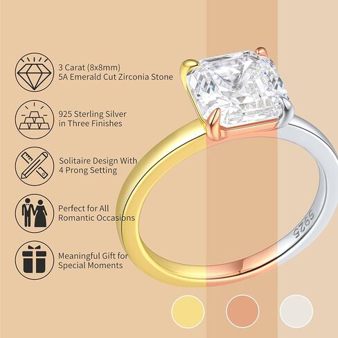 3CT 925 Sterling Silver Engagement Rings for Women Asscher Cut Solitaire Cubic Zirconia Wedding Promise Rings for Her Size 4-11 in Saudi Arabia