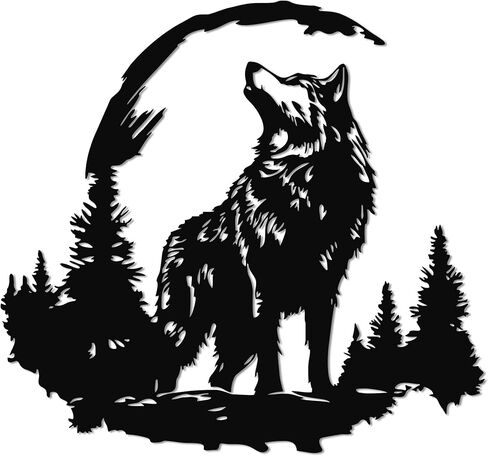 JEWLOVE Moonlit Wolf Metal Wall Art - Nature & Wildlife Decor for Living Room, Bedroom, Outdoor Accent(11.81"x11.02",Black) in Kuwait