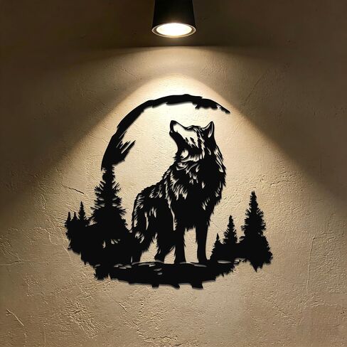 JEWLOVE Moonlit Wolf Metal Wall Art - Nature & Wildlife Decor for Living Room, Bedroom, Outdoor Accent(11.81"x11.02",Black) in Kuwait