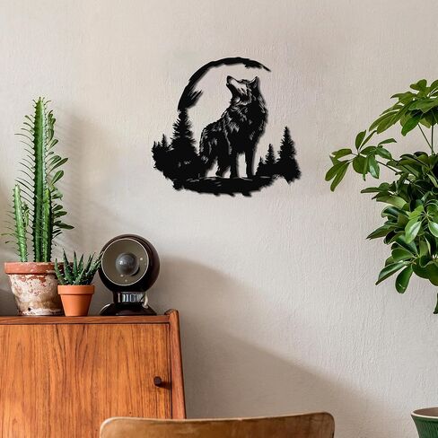 JEWLOVE Moonlit Wolf Metal Wall Art - Nature & Wildlife Decor for Living Room, Bedroom, Outdoor Accent(11.81"x11.02",Black) in Kuwait