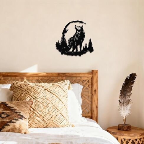 JEWLOVE Moonlit Wolf Metal Wall Art - Nature & Wildlife Decor for Living Room, Bedroom, Outdoor Accent(11.81"x11.02",Black) in Kuwait