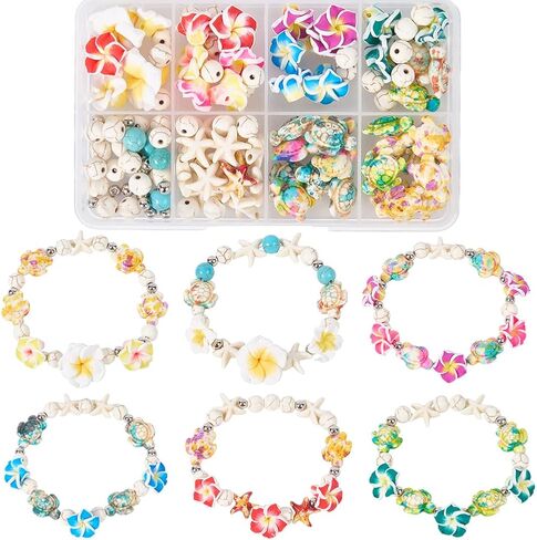 SUNNYCLUE 1 Box 174Pcs DIY 6 Sets Bracelet Making Kit Plumeria Flower Beads Polymer Clay Beads Summer Ocean Hawaiian Shell Bead Imitation Pearl Beads for Jewelry Making Kits Adult Women Gifts Supplies in Kuwait