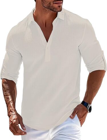 Mens Linen Polo Shirts Long Roll-Up Sleeve Casual Summer Beach Vacation Hippie T-Shirts in Saudi Arabia
