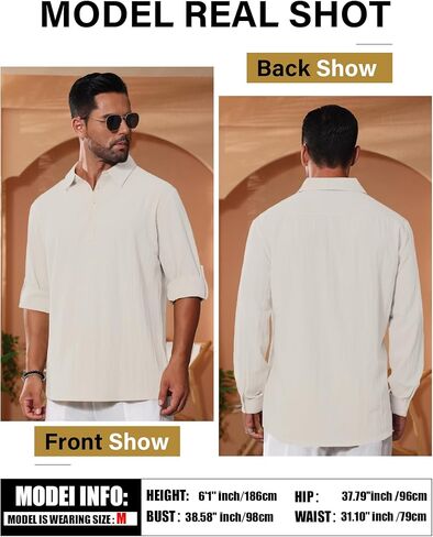 Mens Linen Polo Shirts Long Roll-Up Sleeve Casual Summer Beach Vacation Hippie T-Shirts in Saudi Arabia