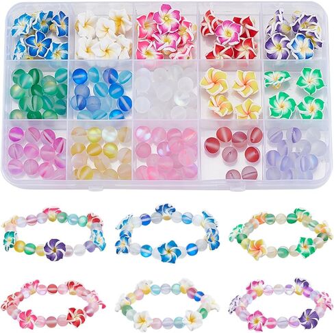 SUNNYCLUE 1 Box 174Pcs DIY 6 Sets Bracelet Making Kit Plumeria Flower Beads Polymer Clay Beads Summer Ocean Hawaiian Shell Bead Imitation Pearl Beads for Jewelry Making Kits Adult Women Gifts Supplies in Kuwait