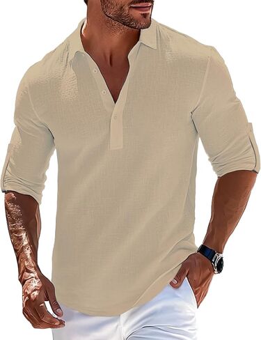 Mens Linen Polo Shirts Long Roll-Up Sleeve Casual Summer Beach Vacation Hippie T-Shirts in Saudi Arabia