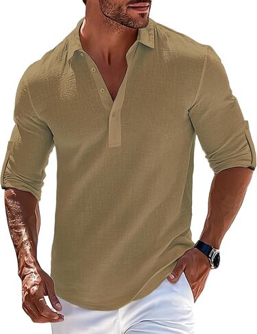 Mens Linen Polo Shirts Long Roll-Up Sleeve Casual Summer Beach Vacation Hippie T-Shirts in Saudi Arabia