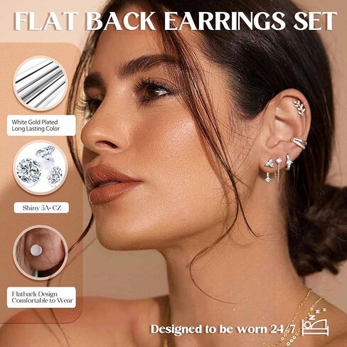 Flat Back Earrings for Women Stud Hoop Cartilage Earring Set for Multiple Piercing Stainless Steel Small Stud Tragus Helix Piercing Jewelry 18K Gold Plated Flatback Stud Earrings Stacks in Saudi Arabia