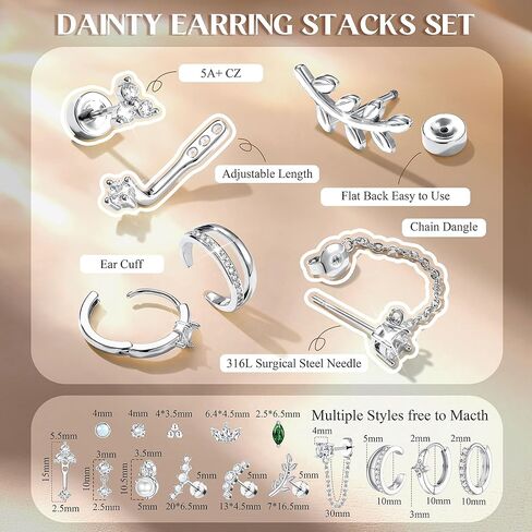 Flat Back Earrings for Women Stud Hoop Cartilage Earring Set for Multiple Piercing Stainless Steel Small Stud Tragus Helix Piercing Jewelry 18K Gold Plated Flatback Stud Earrings Stacks in Saudi Arabia