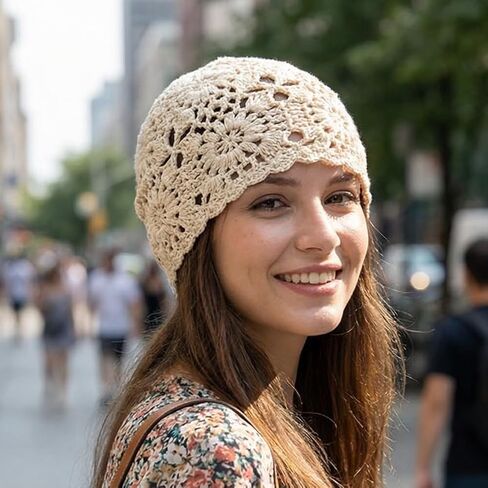 Women Crochet Slouchy Beanie Hat, Cotton Cutout Hats Knit Skull Caps for All Seasons in Saudi Arabia