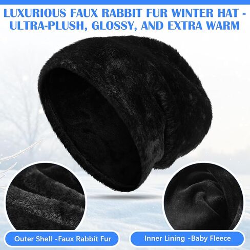 2 Pcs Faux Rabbit Fur Unisex Beanie Hats for Men Women Hats Knit Winter Beanies Skull Caps Black in Saudi Arabia