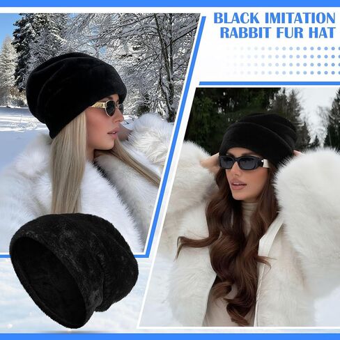 2 Pcs Faux Rabbit Fur Unisex Beanie Hats for Men Women Hats Knit Winter Beanies Skull Caps Black in Saudi Arabia