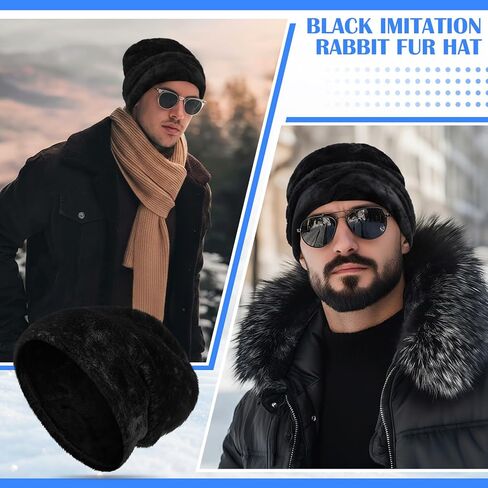2 Pcs Faux Rabbit Fur Unisex Beanie Hats for Men Women Hats Knit Winter Beanies Skull Caps Black in Saudi Arabia