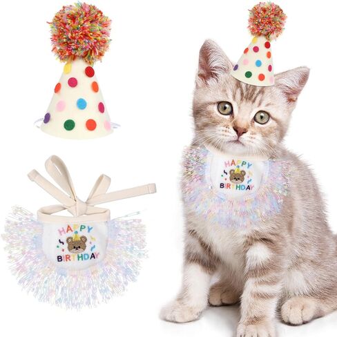 Cat Birthday Hat Outfit Bandana Scarf, Party Hat Dog Costumes Cute Lace Puppy Bib Scarf Party Decorations Set for Small Medium Cats & Doggy in Kuwait